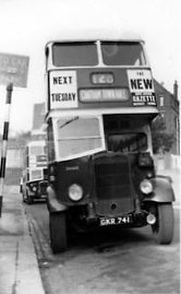 Maidstone & District Bristol K5G DH445 (GKR 741) from 1942, with a 1950 Saunders H56R 'Rivaloy' body (ex Chatham & District). Photographed November 1959 at Barrier Road, Chatham). No PV rad fitted at re-bodying

Photographed November 1959 at Barrier Road, Chatham